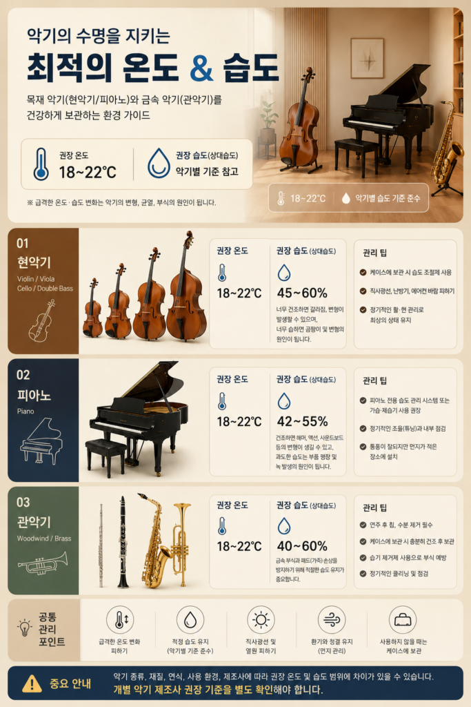 목재 및 금속 악기 보관을 위한 최적 온도 습도 가이드라인